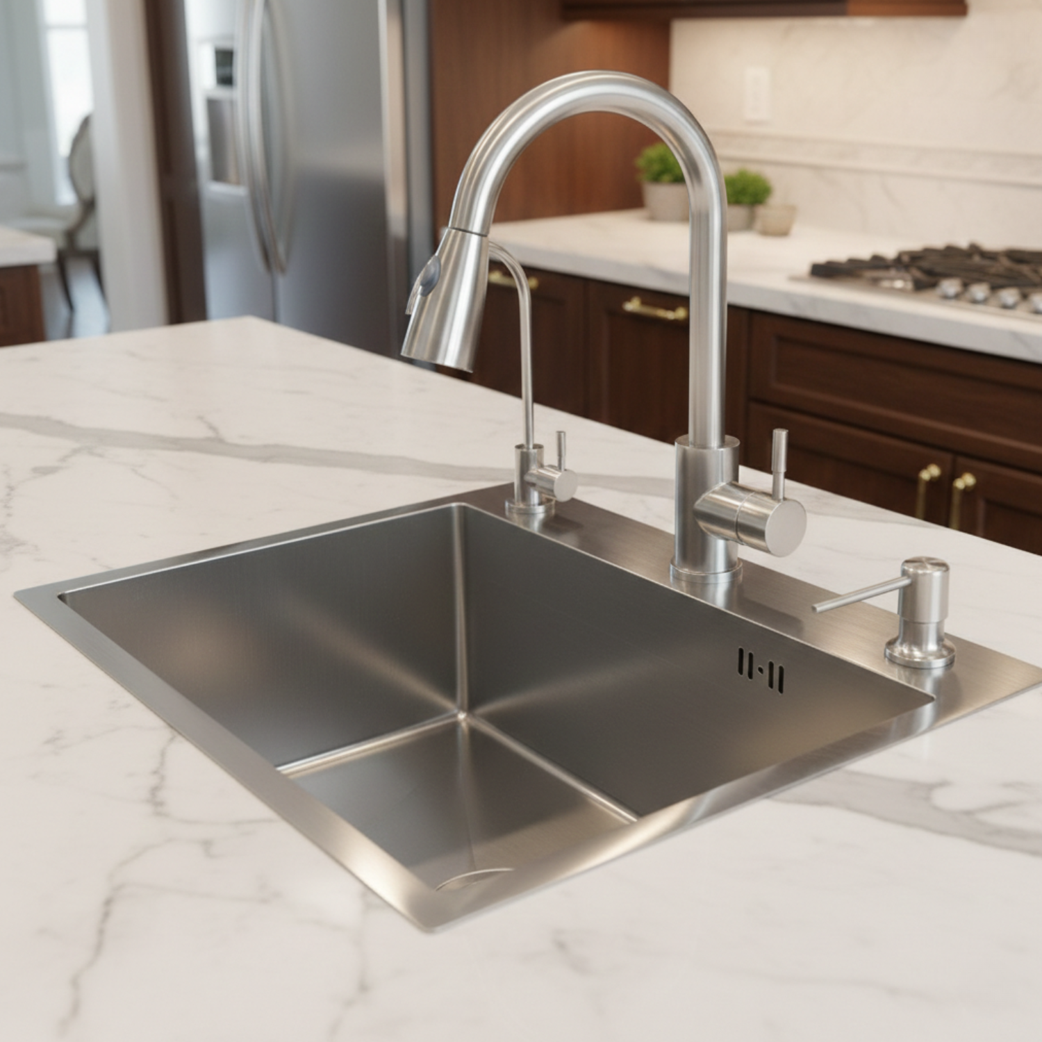 Stainless steel kitchen sink with faucet on a marble countertop