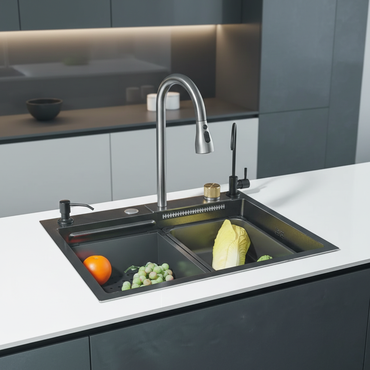 Modern kitchen sink with faucet and vegetables on a white countertop