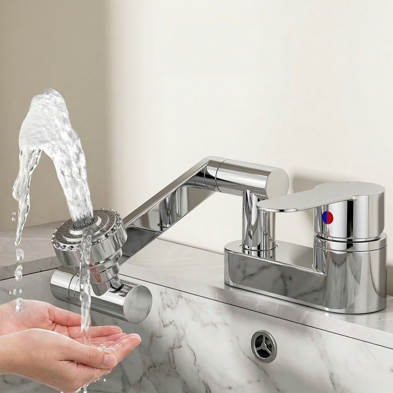 Uupsala - Wash Basin Faucet Double Hole Hot & Cold Mixer Tap with 2-Mode Rotating Nozzle Bathroom Sink Faucet