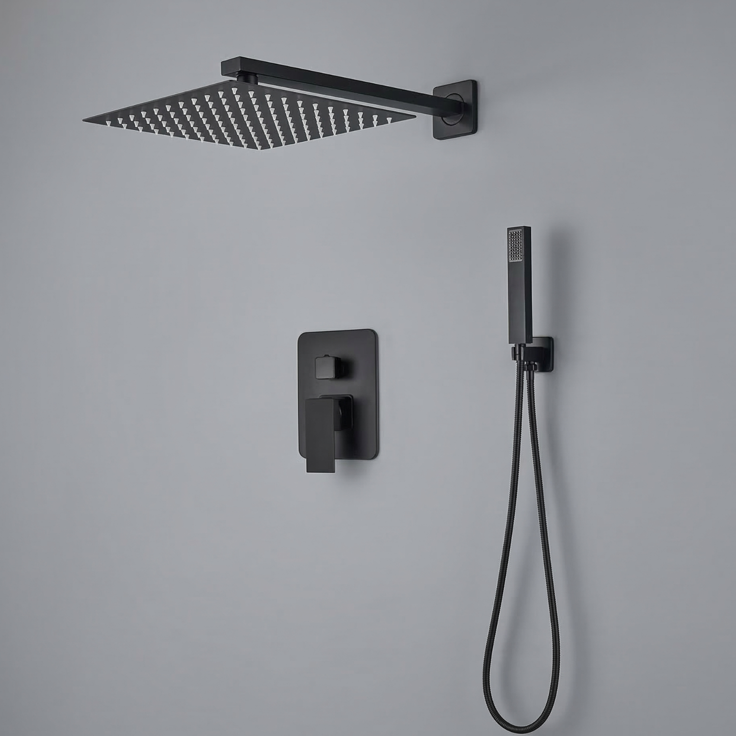 Vattern - Two-Way Matte Black Wall Mount Rainfall Shower Faucet Set with Concealed Waterfall Shower System and Tub Spout