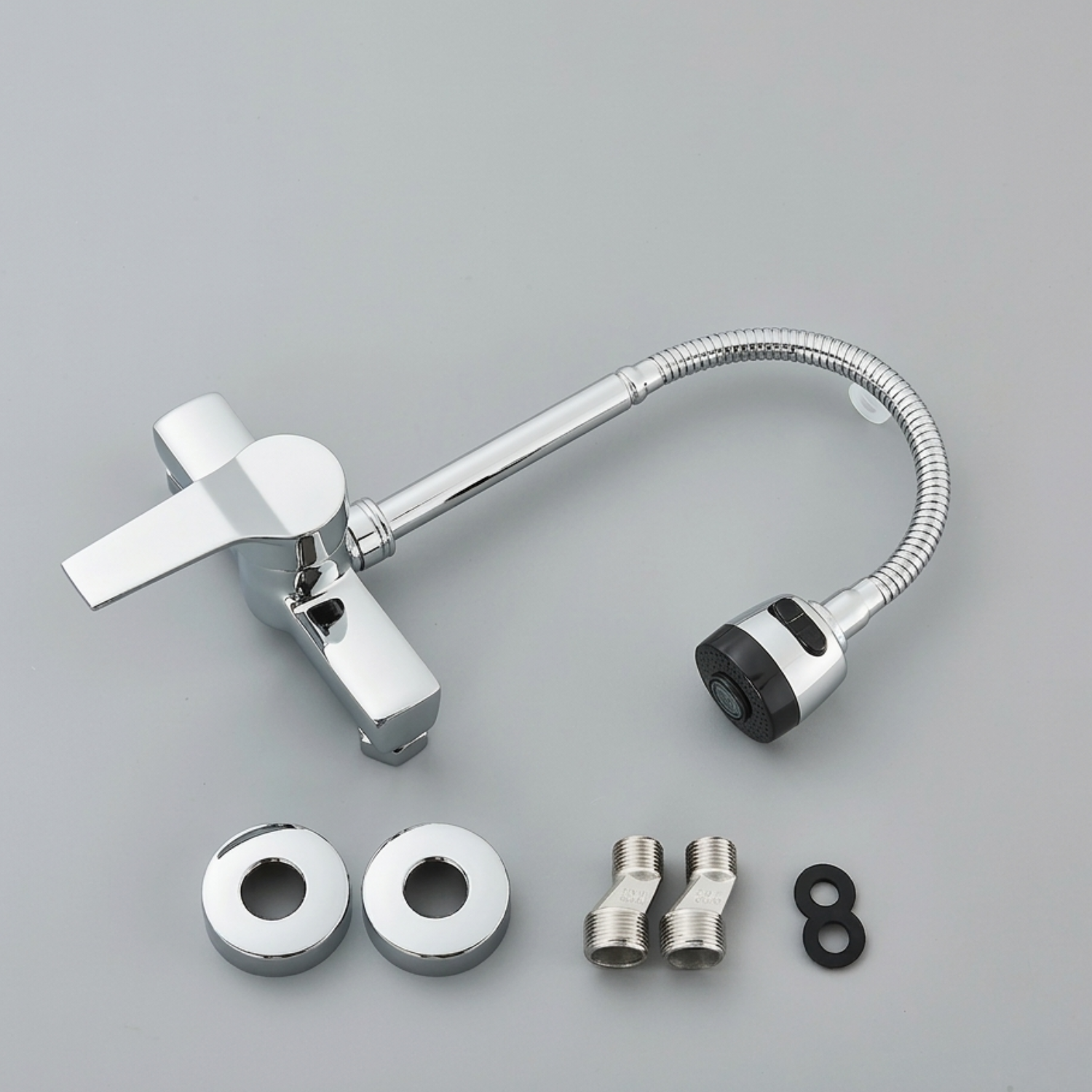 Vanern - Wall Mounted Dual Hole Kitchen Faucet Lead Free Hot Cold Water Mixer Tap Stream Spray Bubbler 360 Rotation Flexible Pipe Control