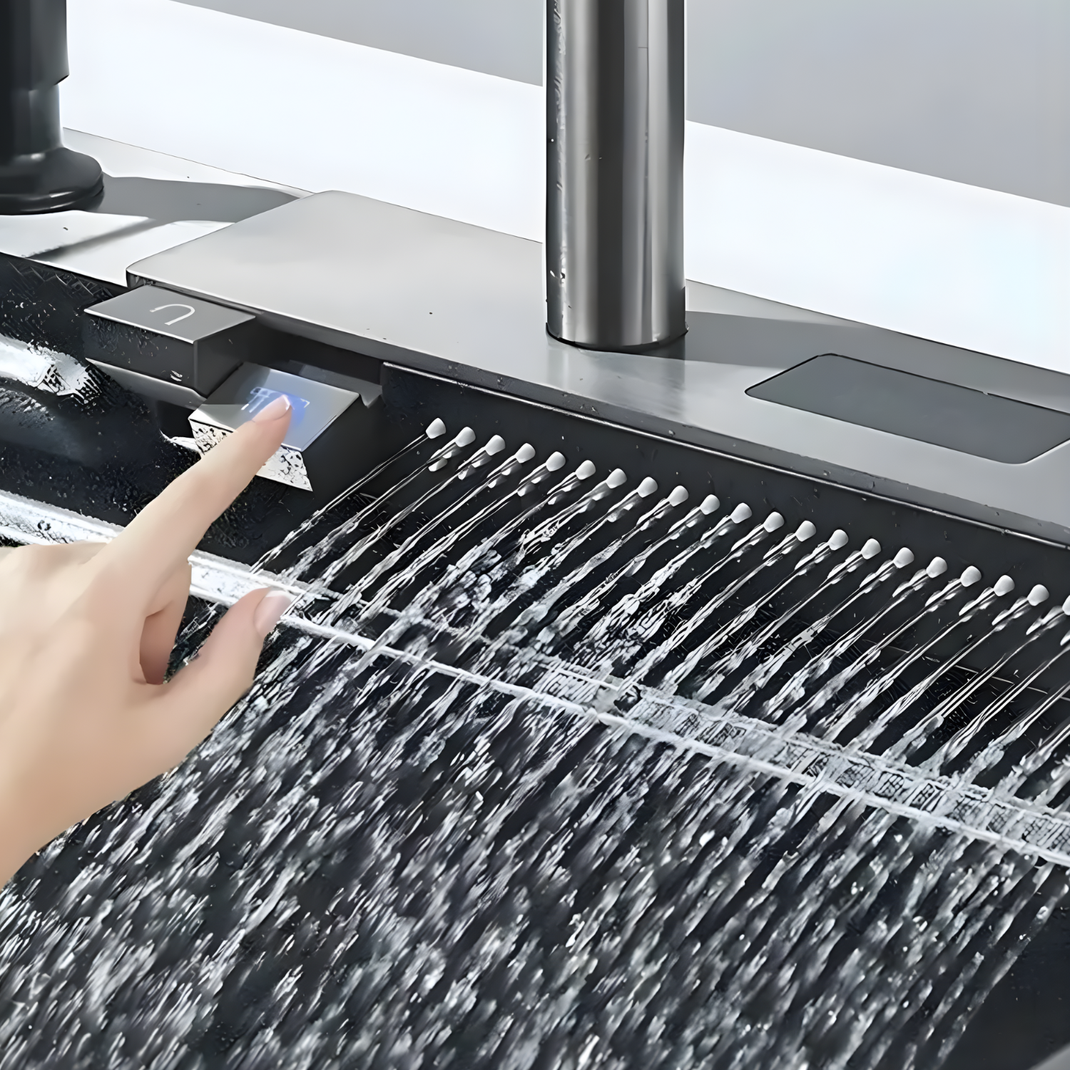 Person using a digital device with a screen on a kitchen counter