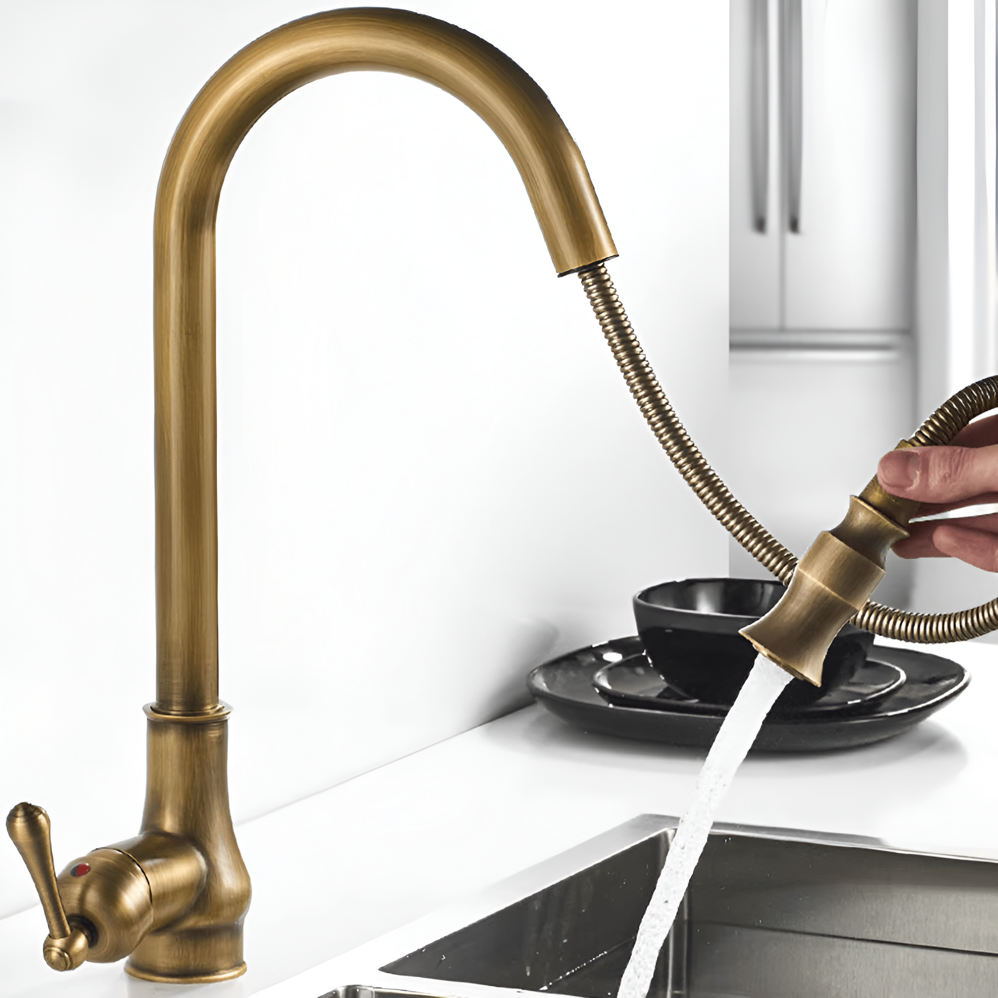 Wood antique pull-out kitchen faucet
