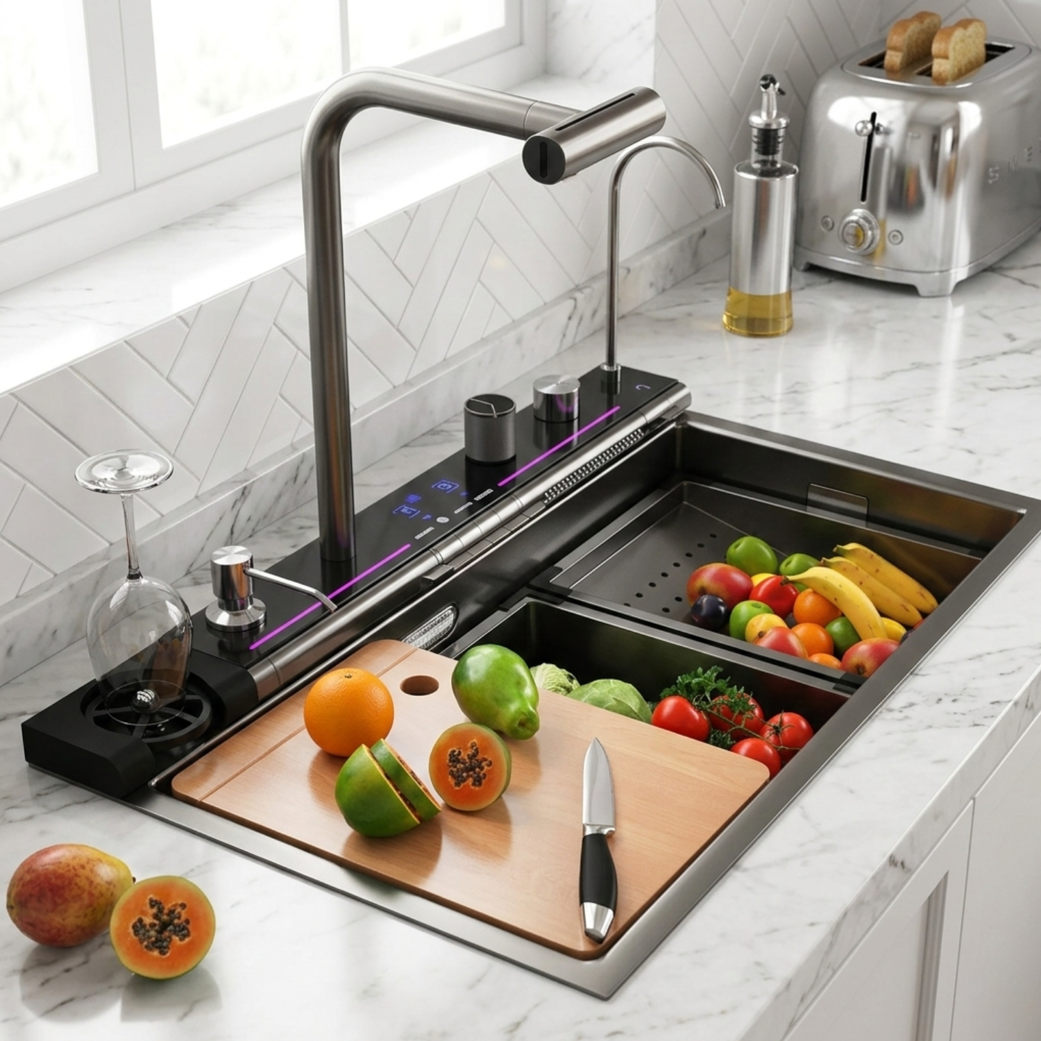 Modern kitchen sink with cutting board, fruits, and vegetables on a marble countertop.